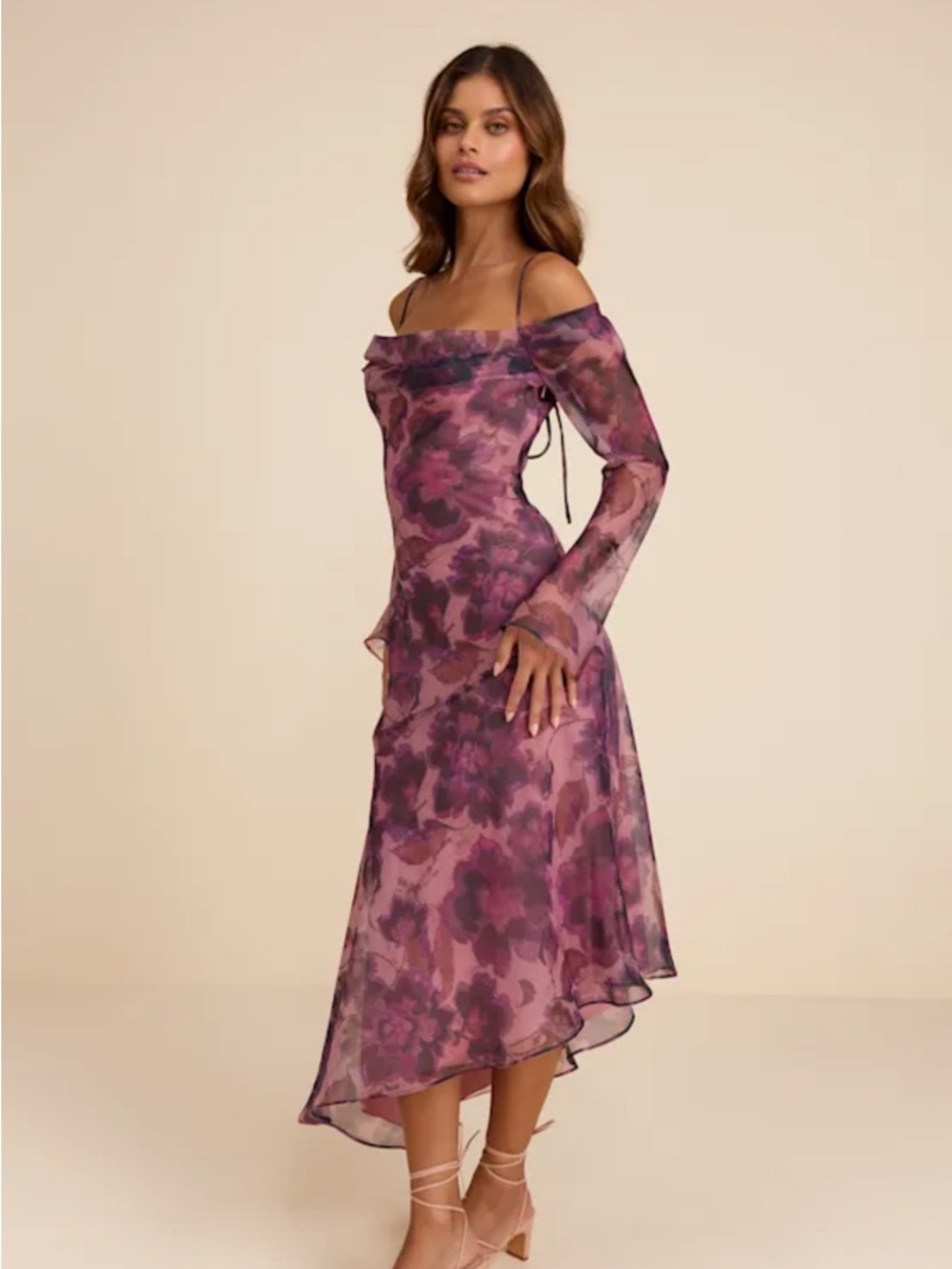 NWT Lulu's Pia Mauve Purple Floral Asymmetrical Midi Dress - Picture 4 of 16
